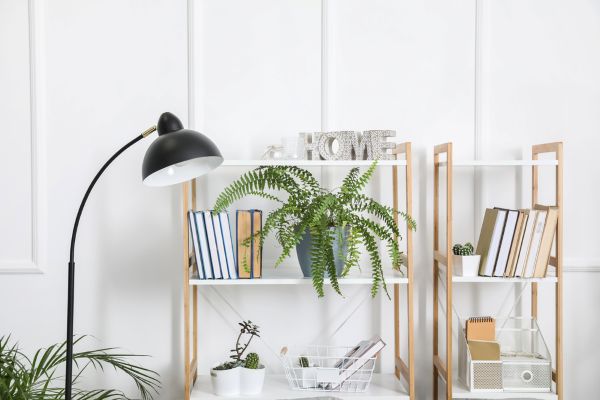 Image of a bookshelf and lamp inside a home