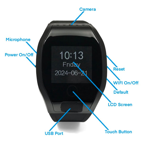 LawMate WIFI Digital Watch Camera With Audio Identification Picture Pointing Out Parts