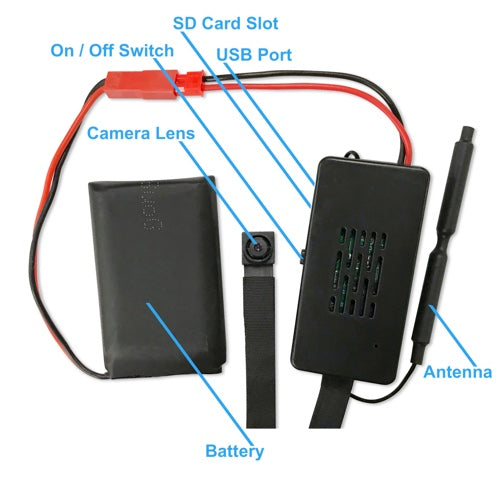 Mini WIFI DIY Hidden Camera With Button Attachment With Different Parts Indicated