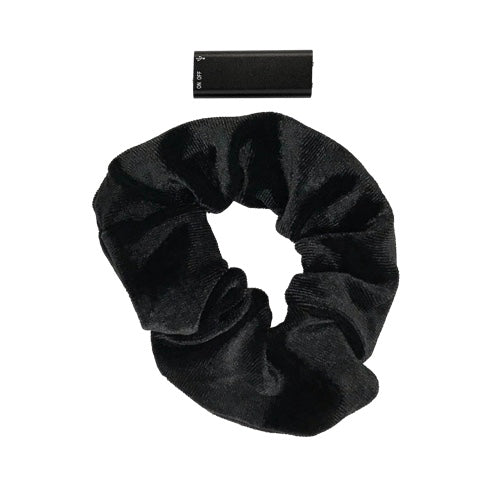 the tiny audio record is easily conealed within the scrunchie hair tie